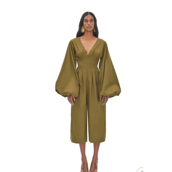 Andrea Iyamah Nia Culotte Jumpsuit 100% Cotton Olive Green‎ Boho Size Large NWT - Picture 2 of 6